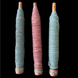 3 Antique Textile Wood Spools Bobbins Spindles with Thread Mill weaving pins